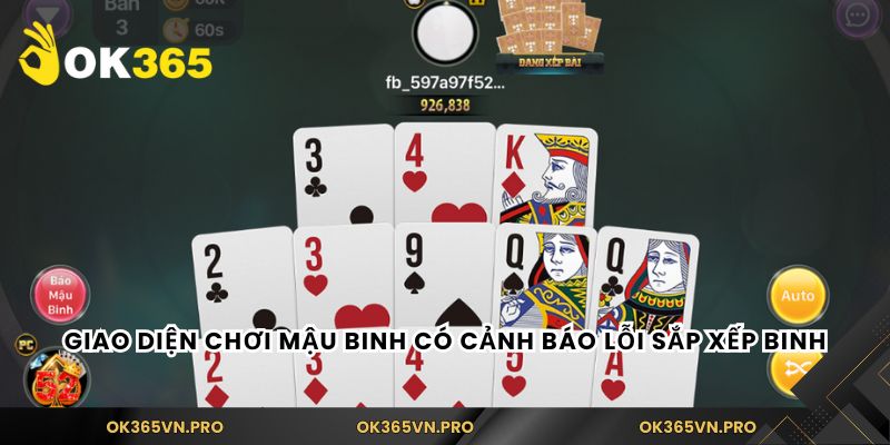 Giao diện chơi mậu binh có cảnh báo lỗi sắp xếp binh