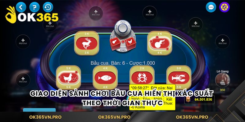 Giao diện sảnh chơi bầu cua hiển thị xác suất theo thời gian thực