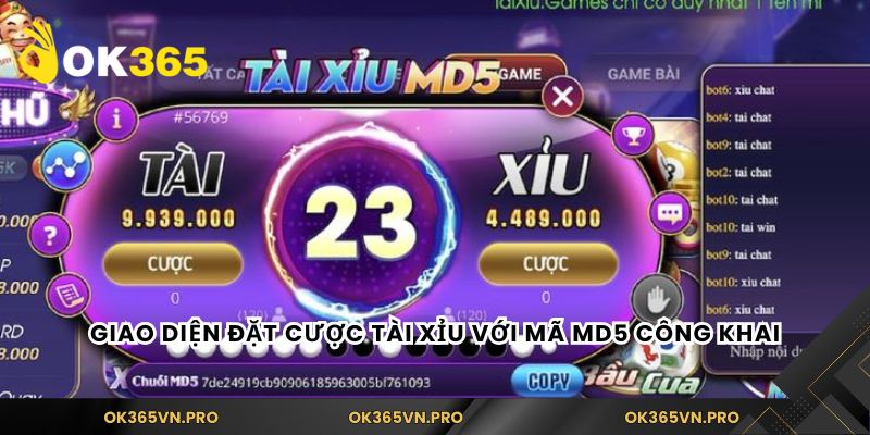 Giao diện đặt cược tài xỉu với mã MD5 công khai