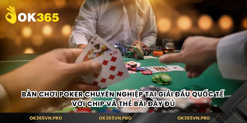 Bàn chơi poker chuyên nghiệp tại giải đấu quốc tế với chip và thẻ bài đầy đủ